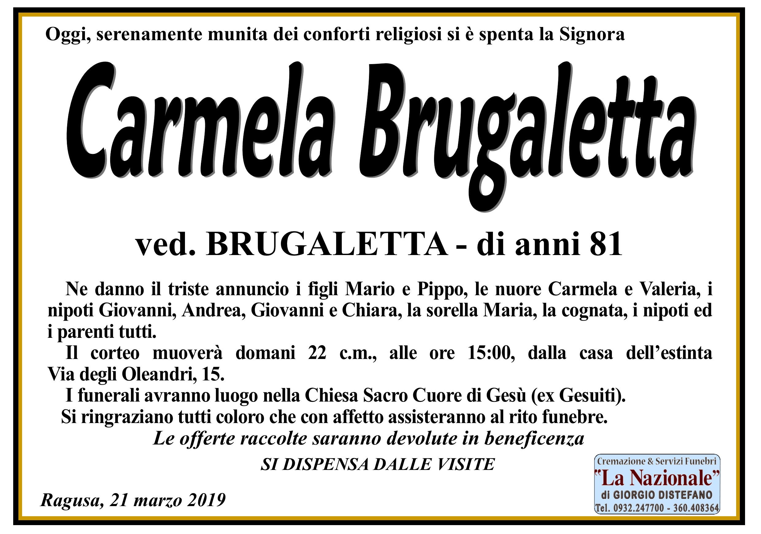 Necrologi: Carmela Brugaletta