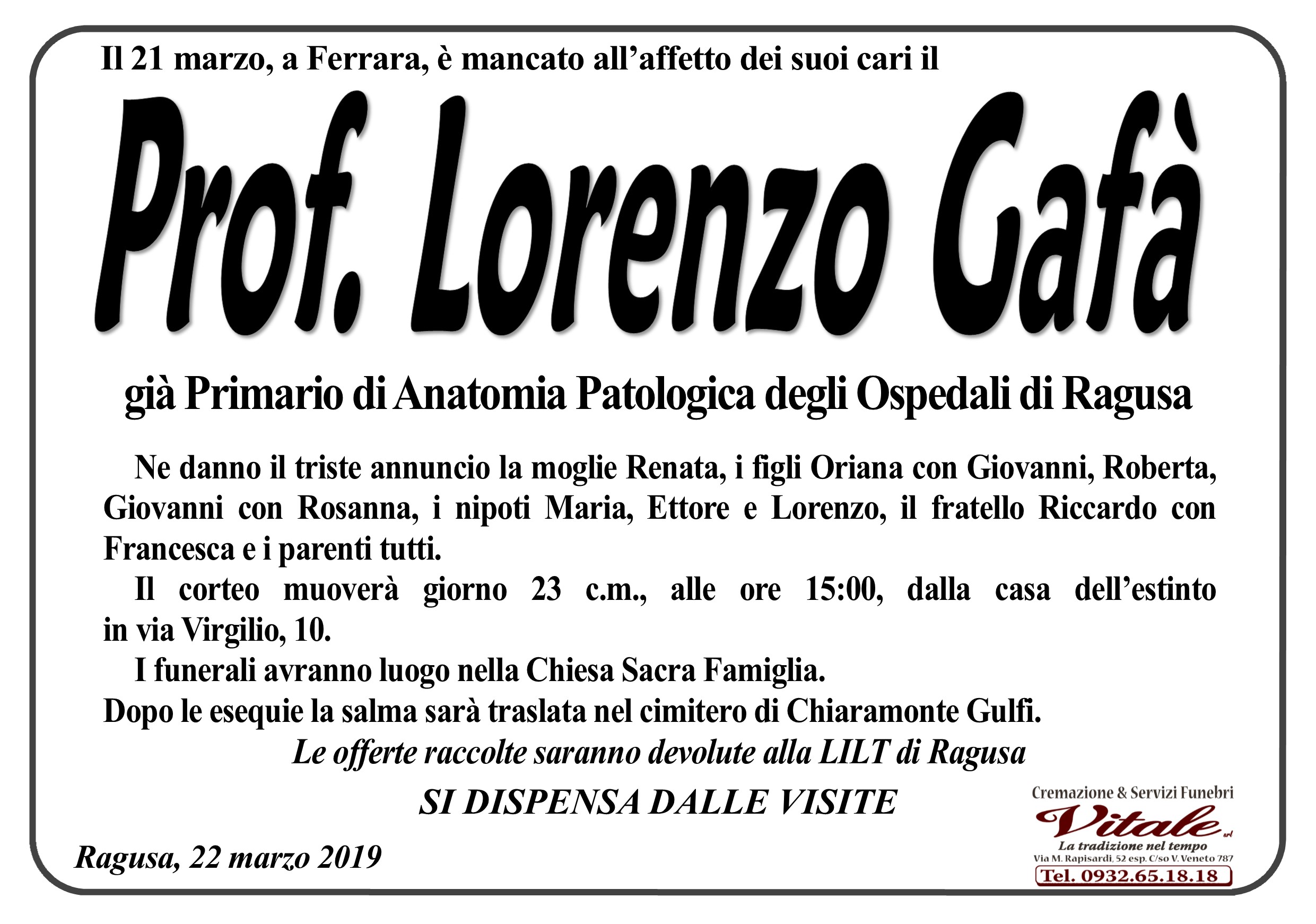 Necrologi: Lorenzo Gafà