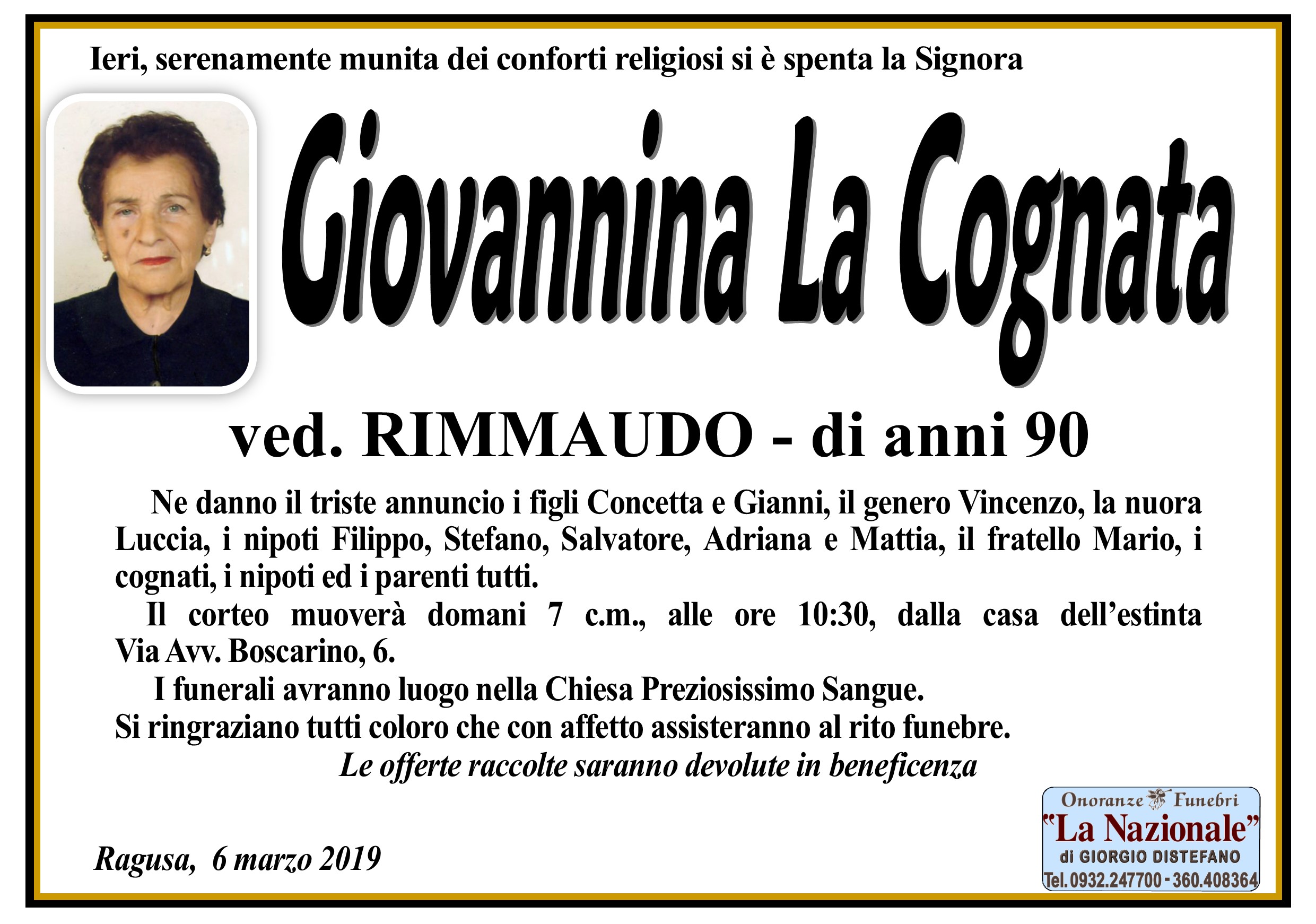 Necrologi: Giovannina La Cognata