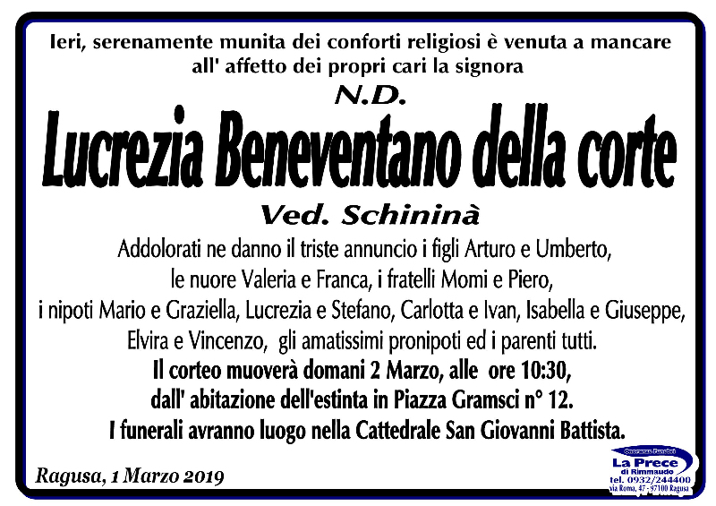 Necrologi: Lucrezia Beneventatno Della Corte