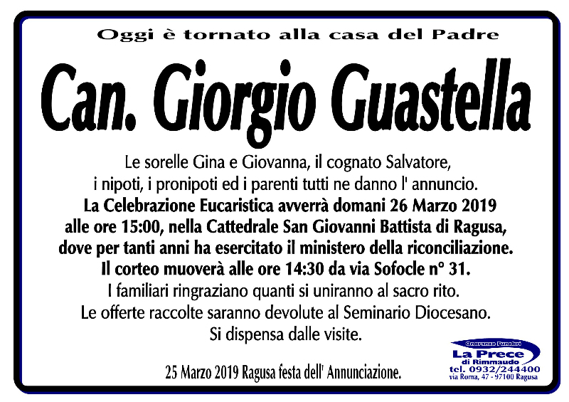 Necrologi: canonico Giorgio Guastella