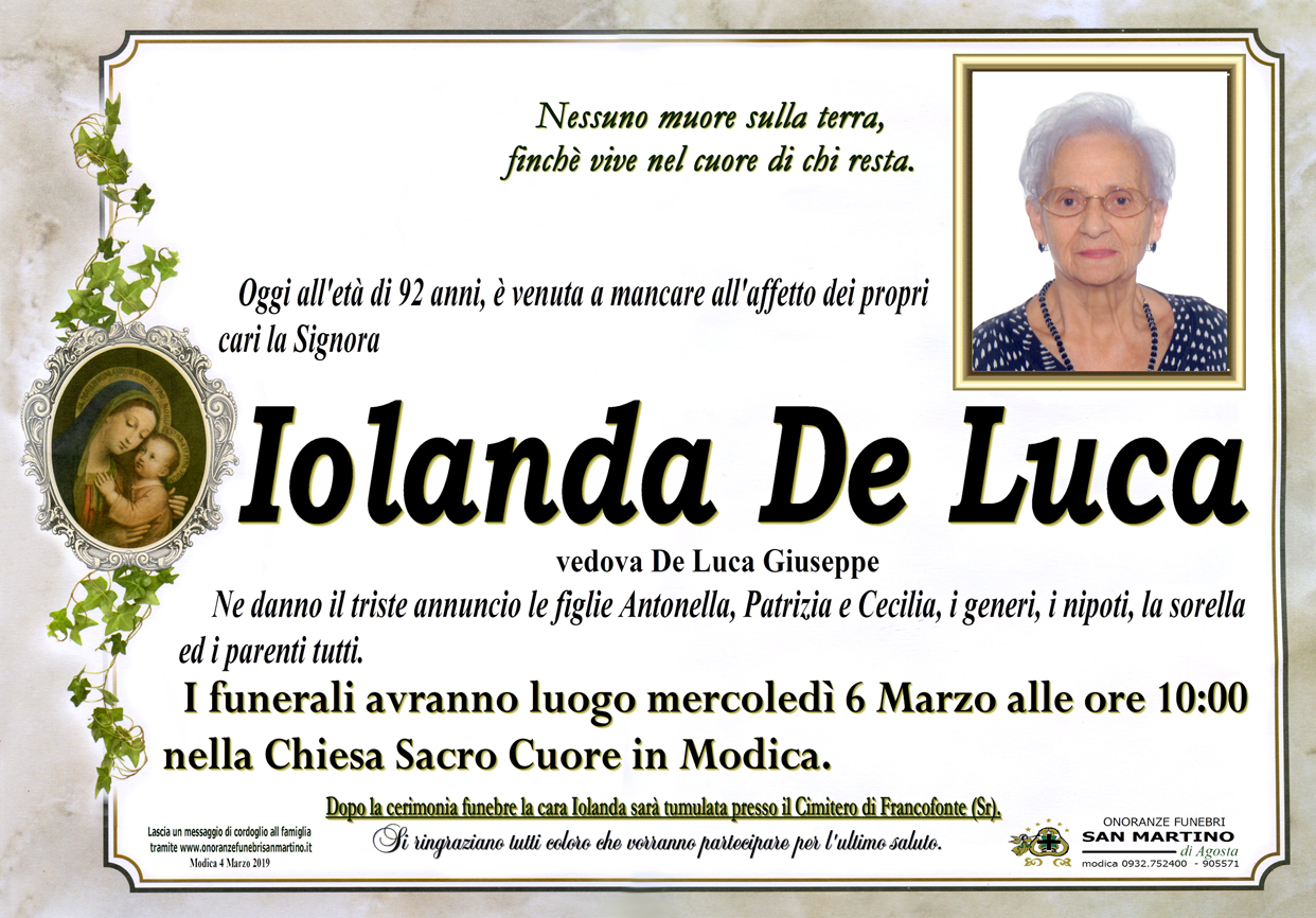 Necrologi: Iolanda De Luca
