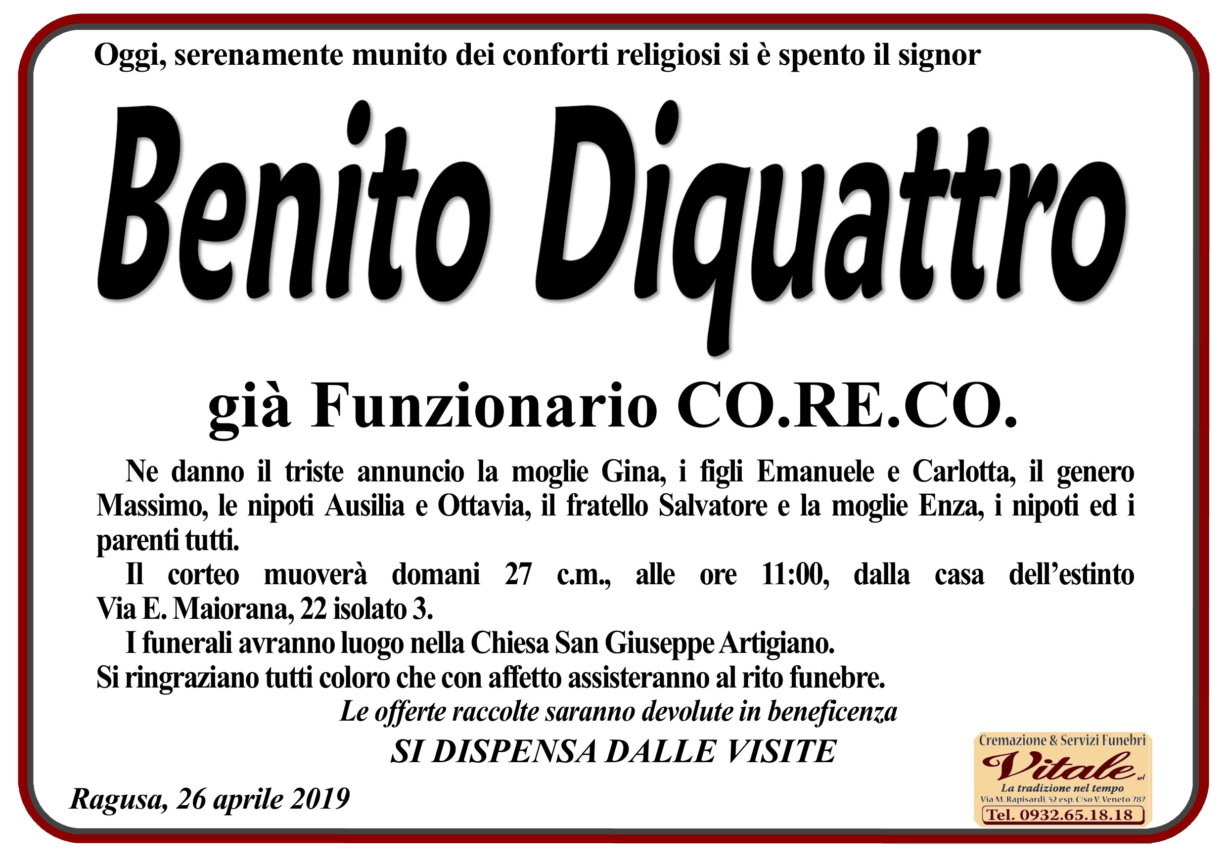 Necrologi: Benito Diquattro