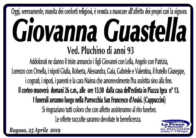 Necrologi: Giovanna Guastella