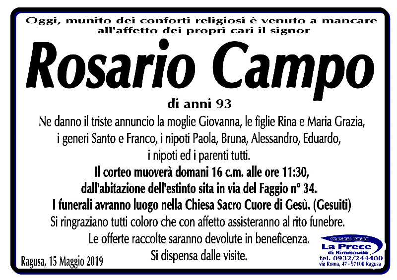 Necrologi Rosario Campo
