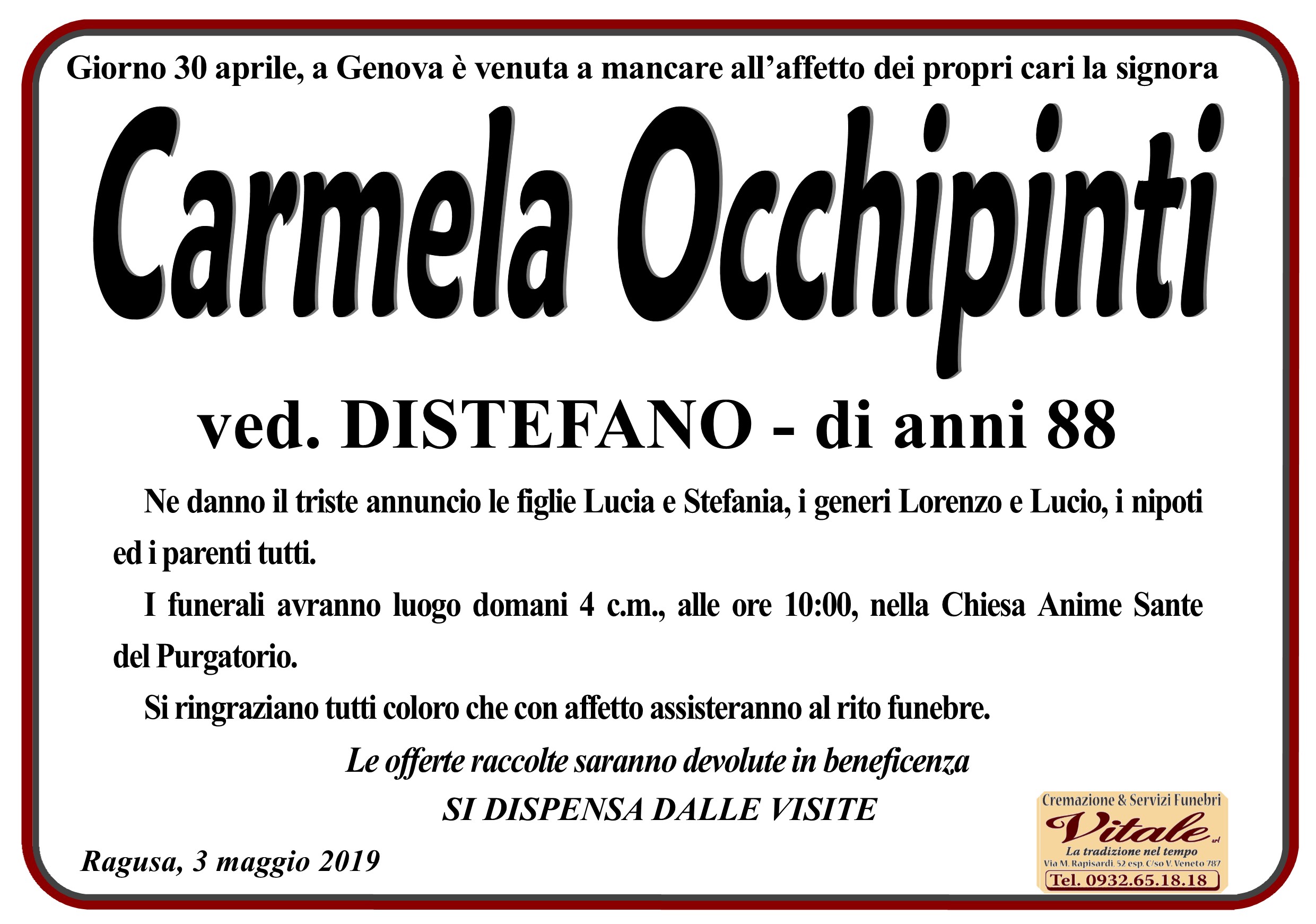 Necrologi: Carmela Occhipinti