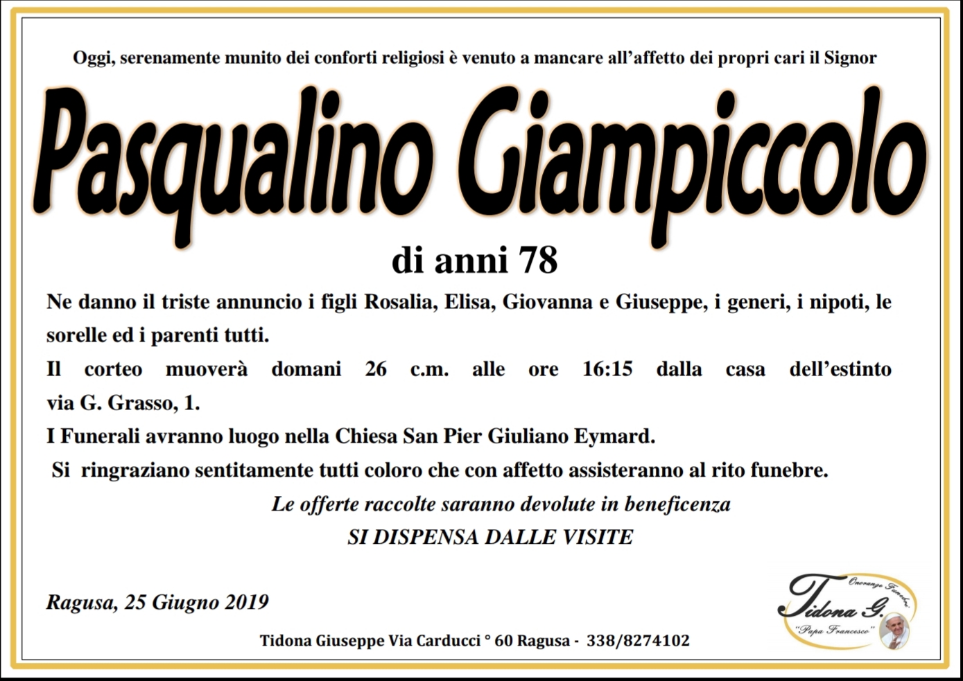 Necrologi: Pasqualino Giampiccolo