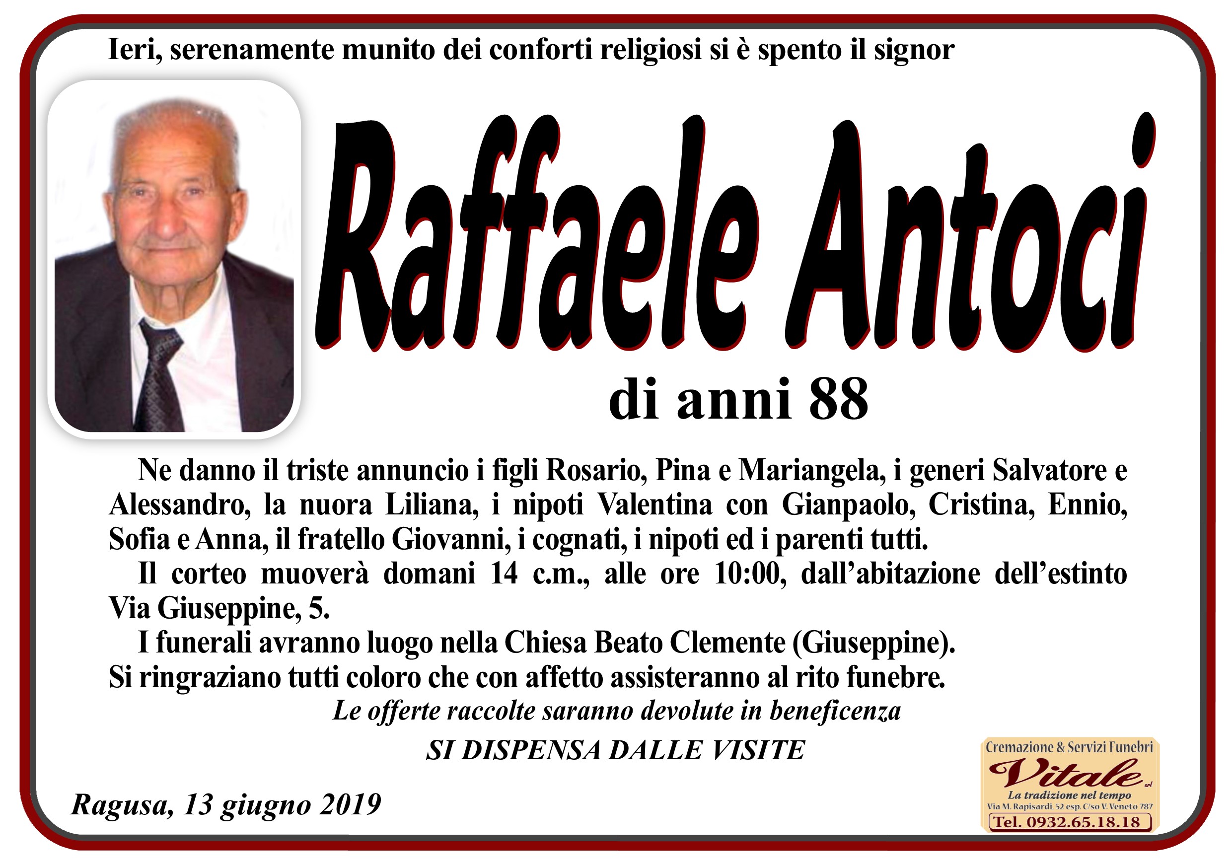 Necrologi: E’ morto Raffaele Antoci