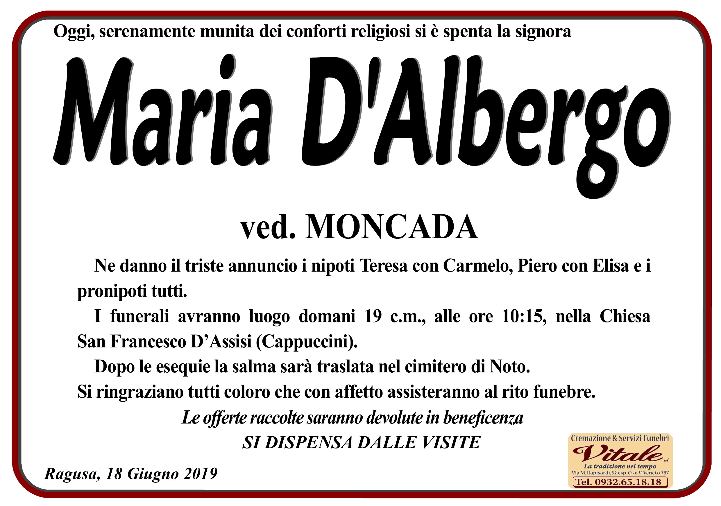 Necrologi: Maria D’albergo