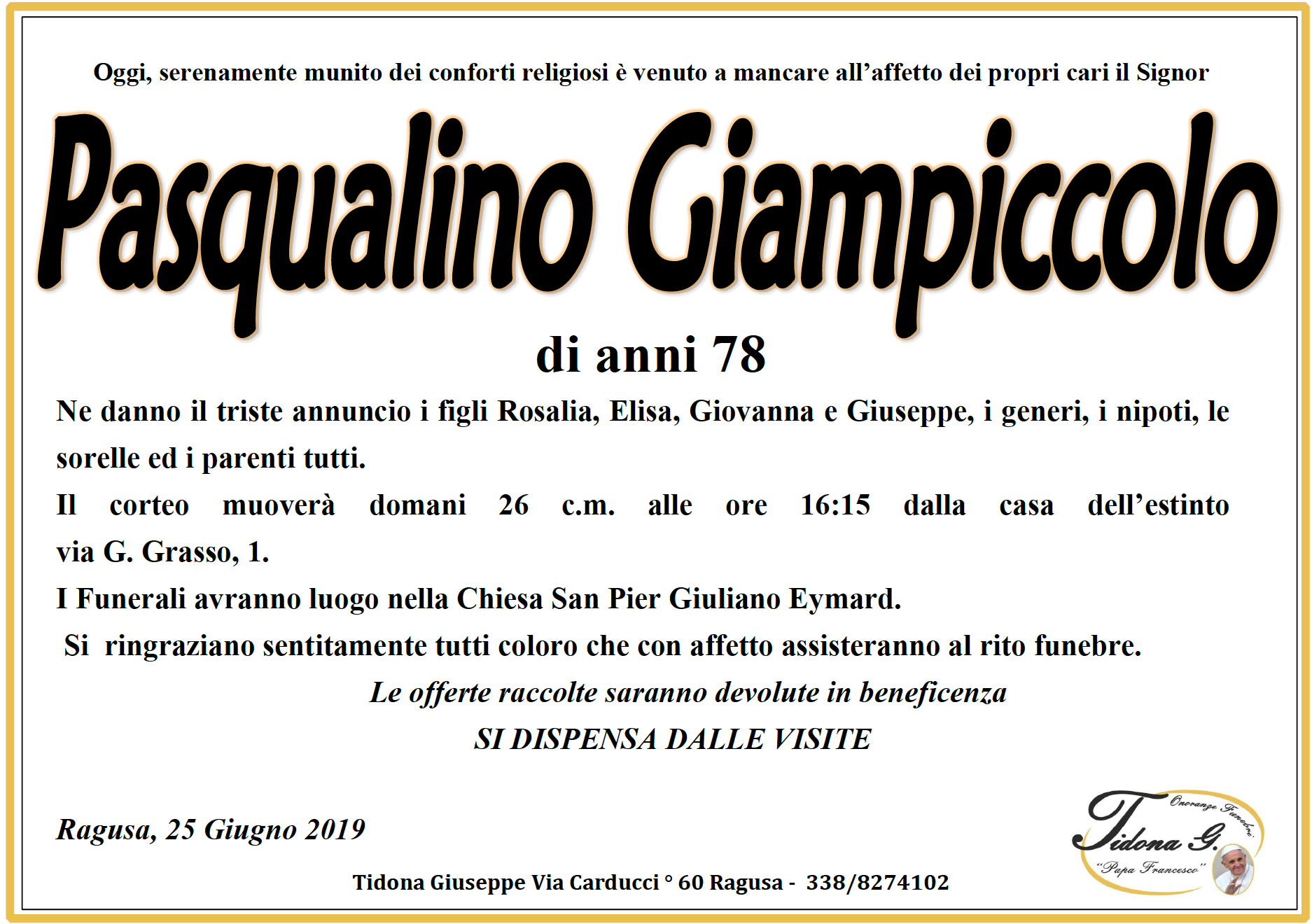 Necrologi: Pasqualino Giampiccolo