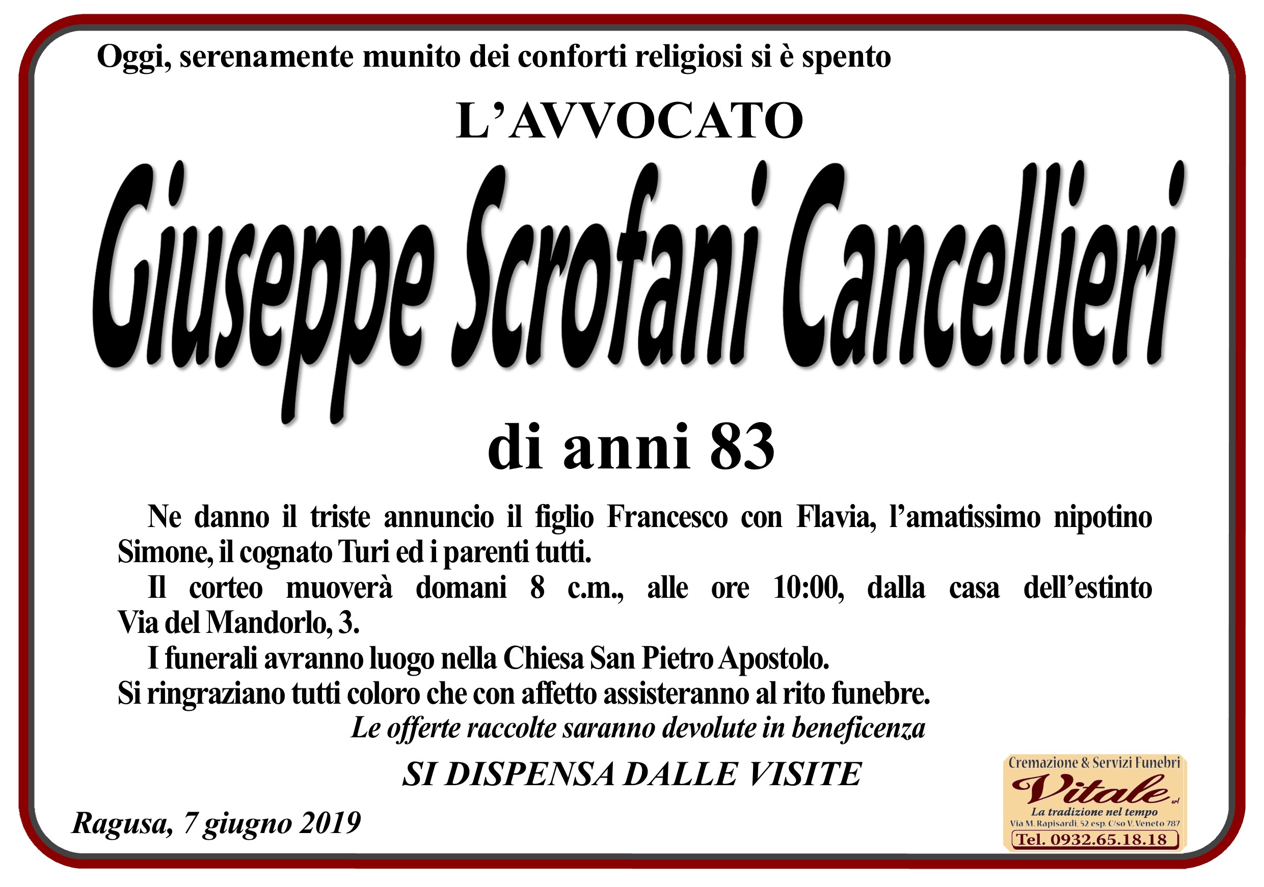 Necrologi: Giuseppe Scrofani Cancellieri