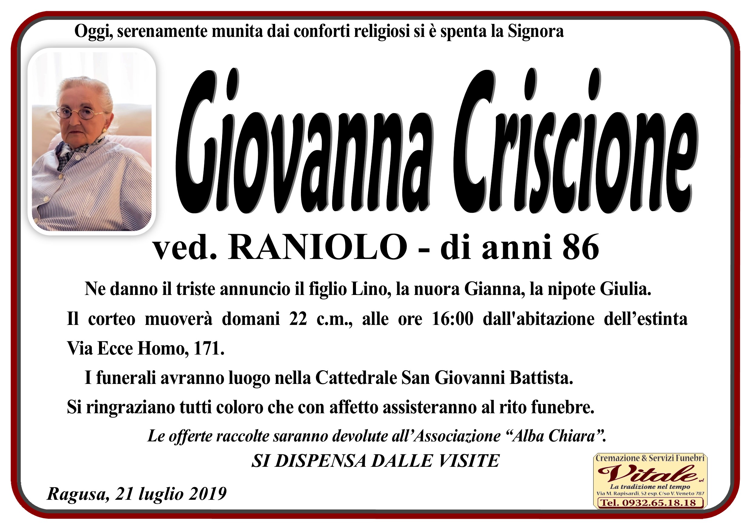 Necrologi: Giovanna Criscione