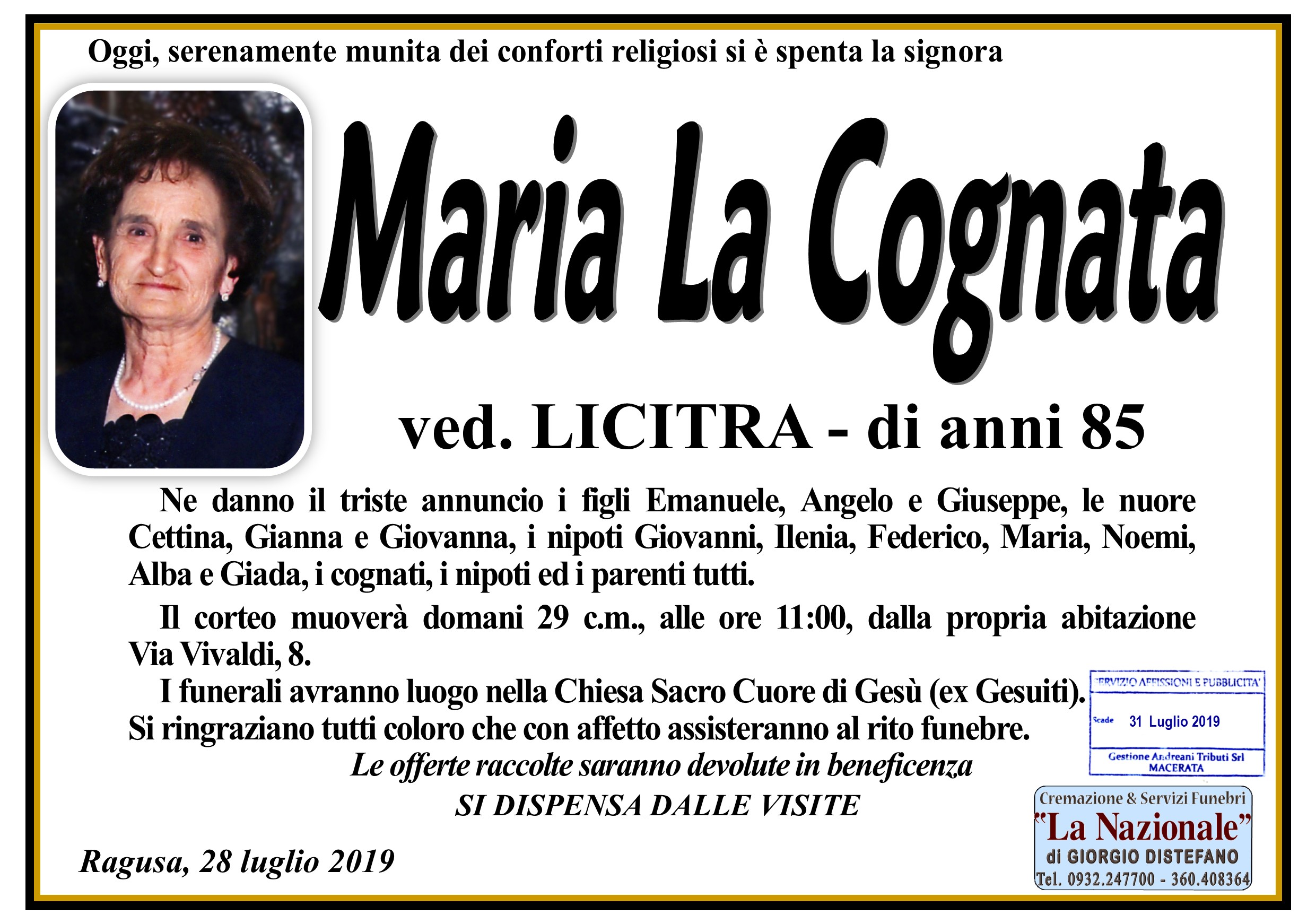 Necrologi: Maria La Cognata