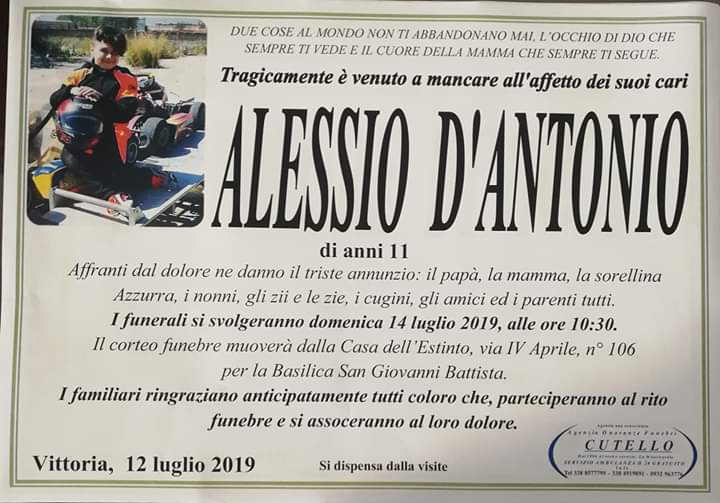 Alessio D’antonio: i funerali domenica 14 luglio alle 10.30