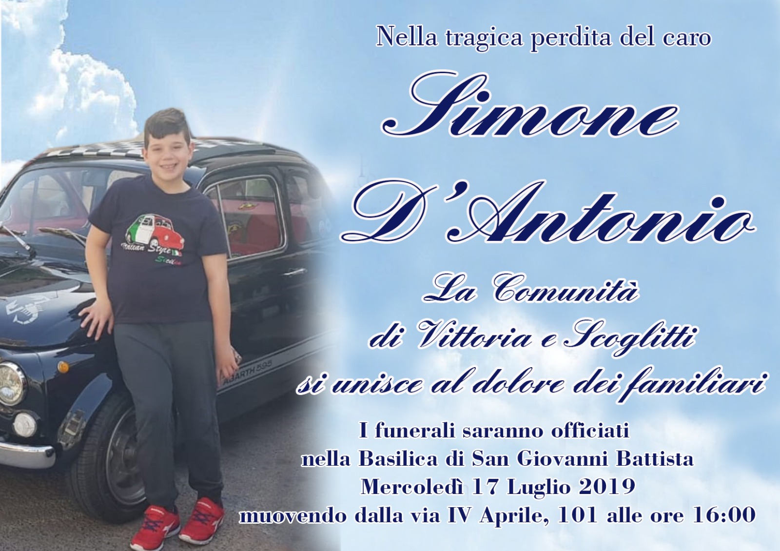 I funerali di Simone D’Antonio domani pomeriggio a Vittoria