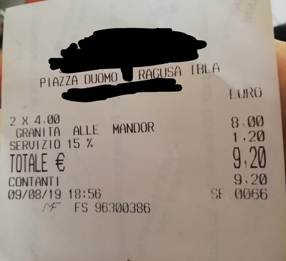 Uno scontrino divide il web: a Ibla due granite 9 euro e 20 centesimi (senza briosches)