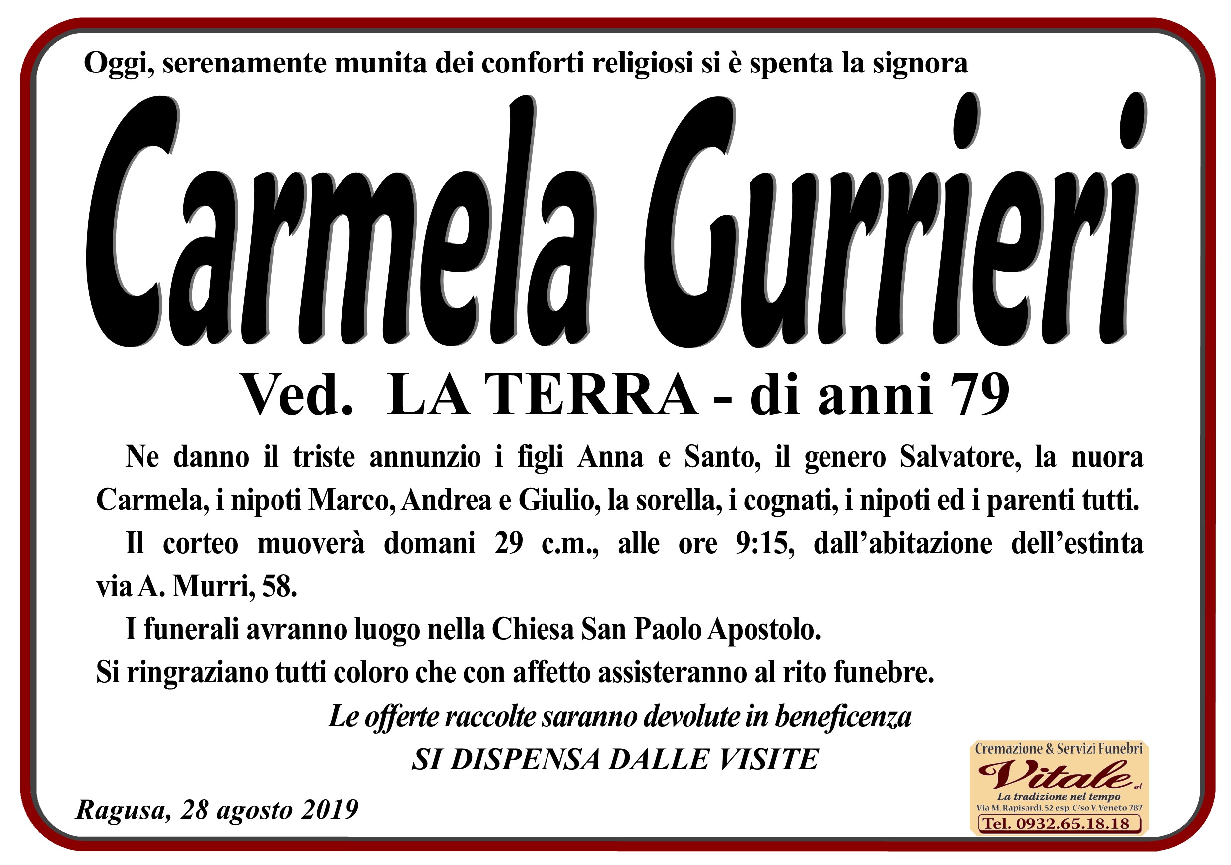 Necrologi: Carmela Gurrieri