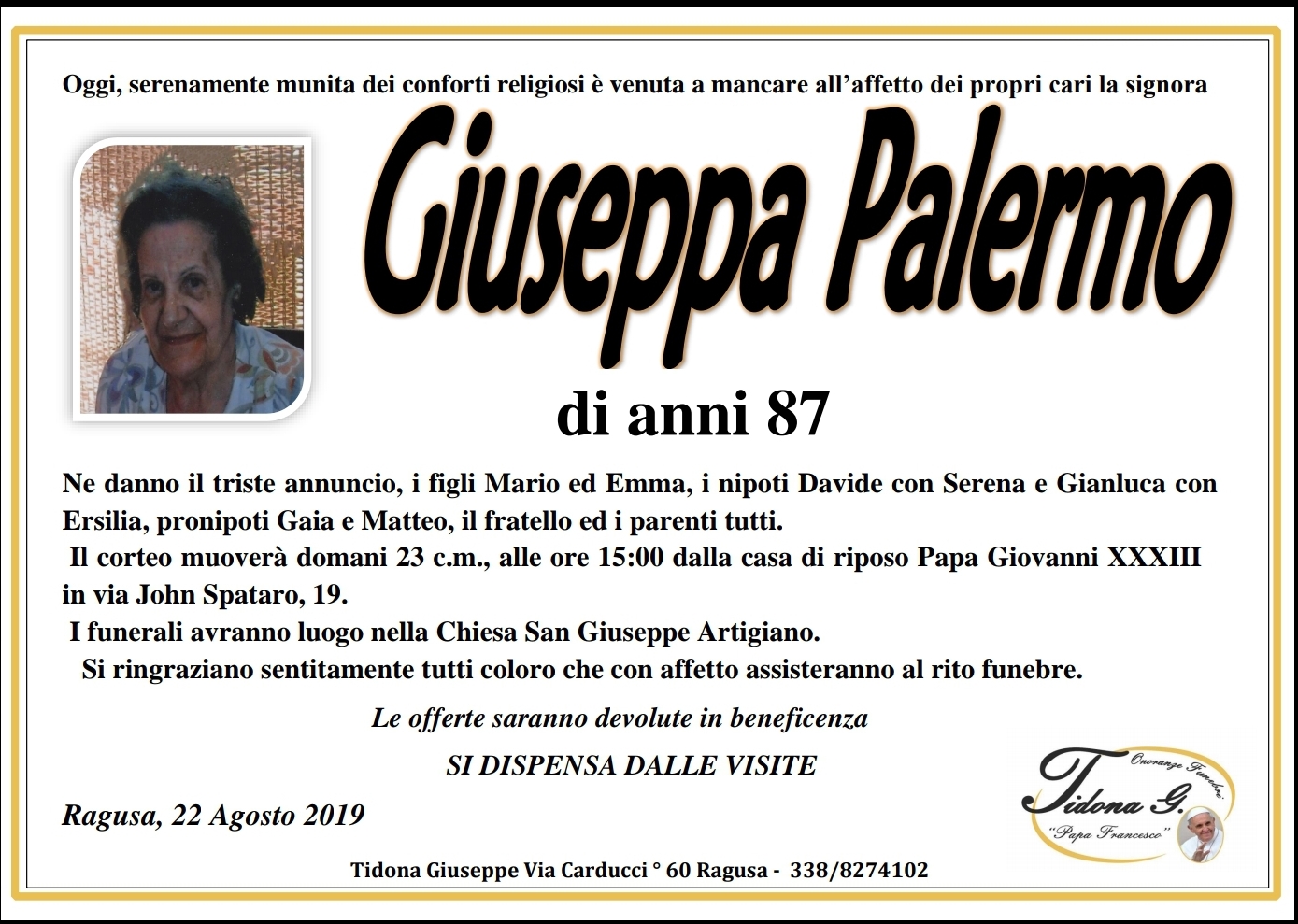 Necrologi: Giuseppa Palermo