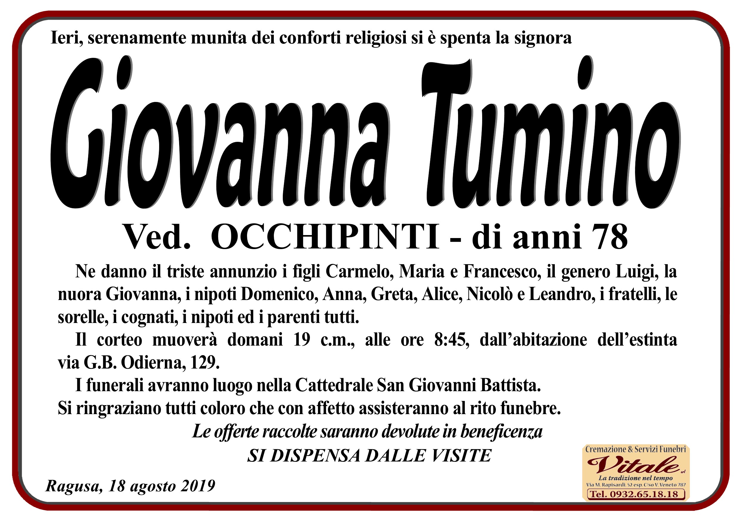 Necrologi: Giovanna Tumino