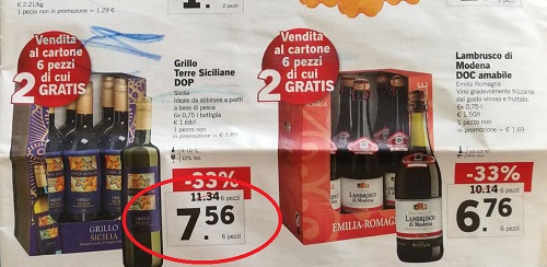 Una bottiglia di Doc Sicilia Grillo venduta a 1,26 euro da Lidl