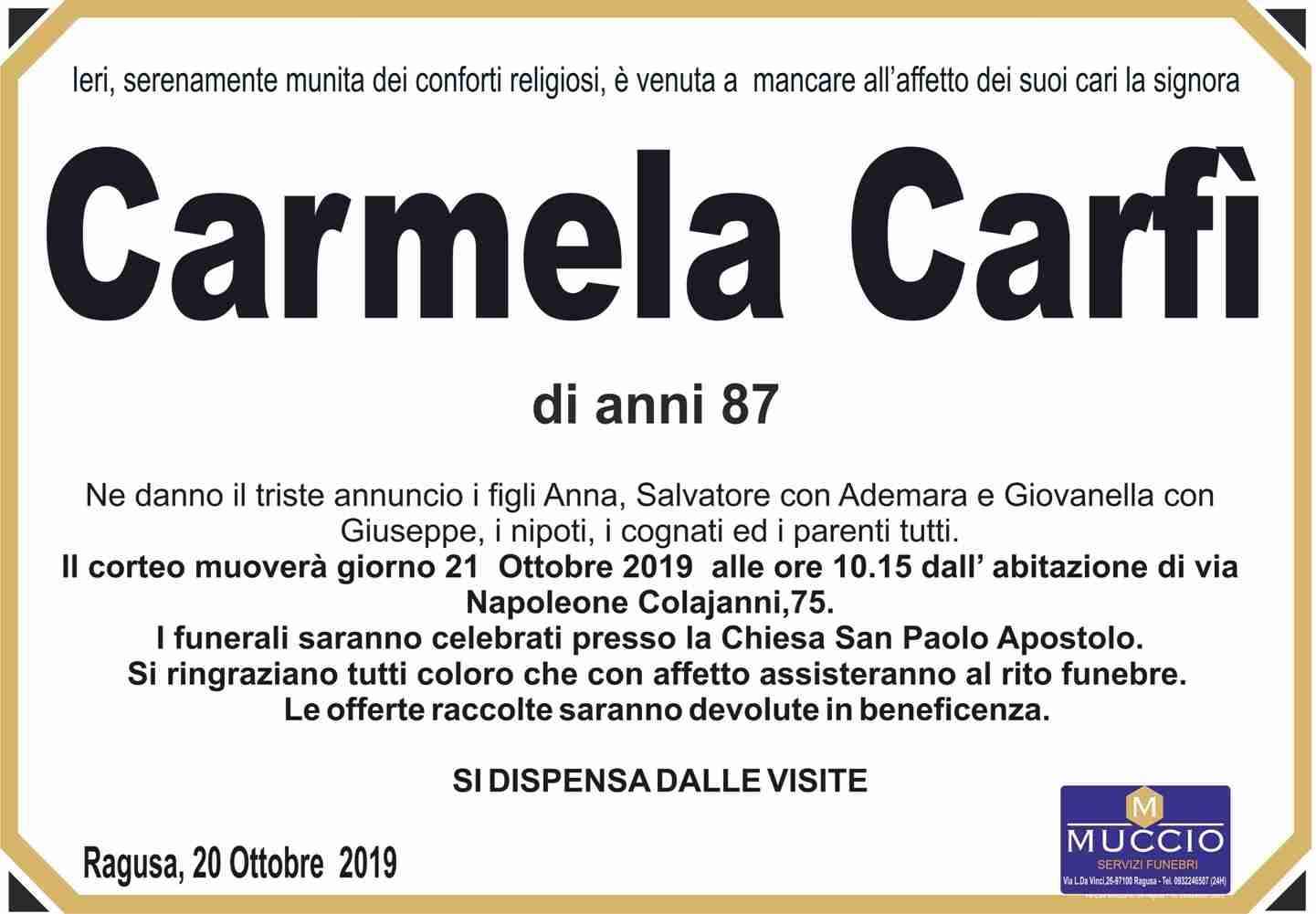 Necrologi: Carmela Carfì
