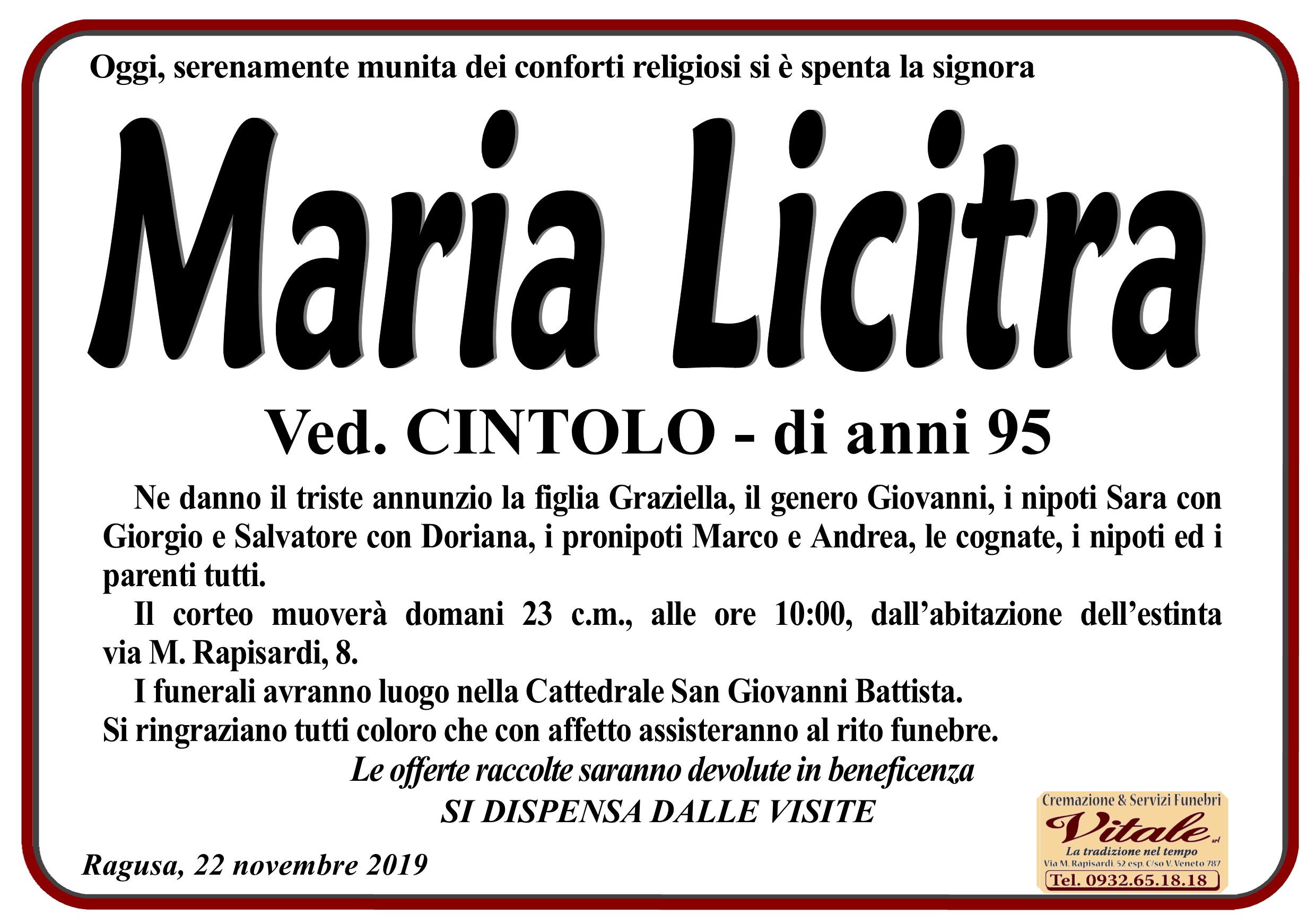 Necrologi: Maria Licitra