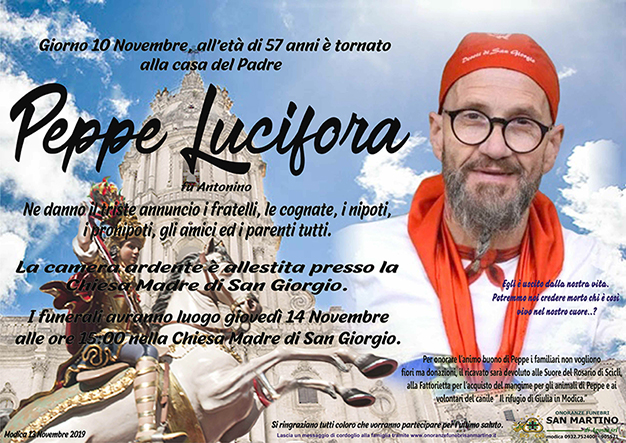 Questo giovedì i funerali di Peppe Lucifora. Le donazioni saranno devolute per il benessere degli animali