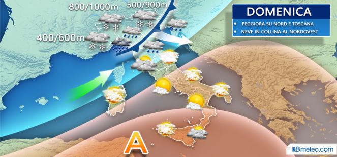 Meteo: domenica torna il maltempo: previste piogge e neve