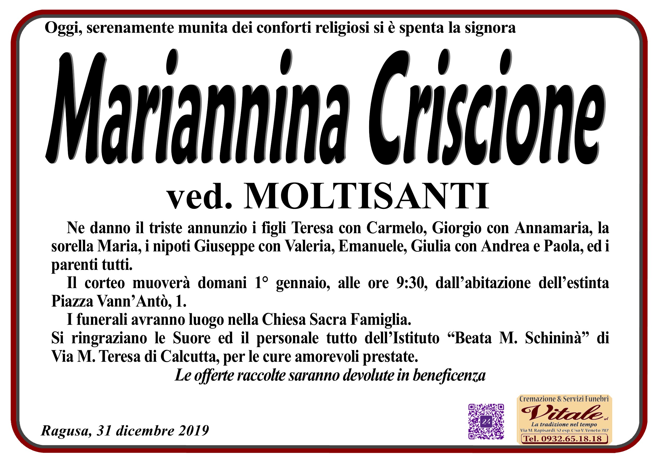 Necrologi: Mariannina Criscione