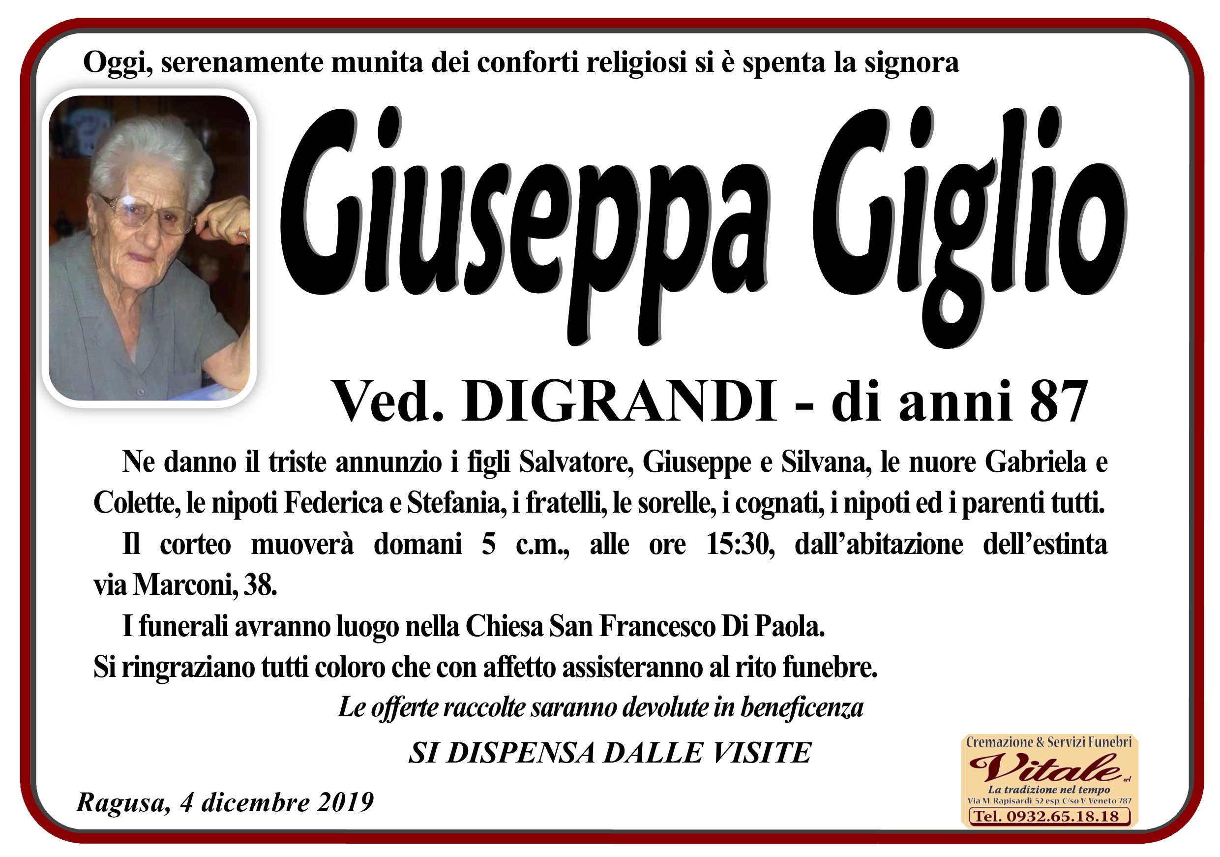 Necrologi: Giuseppa Giglio