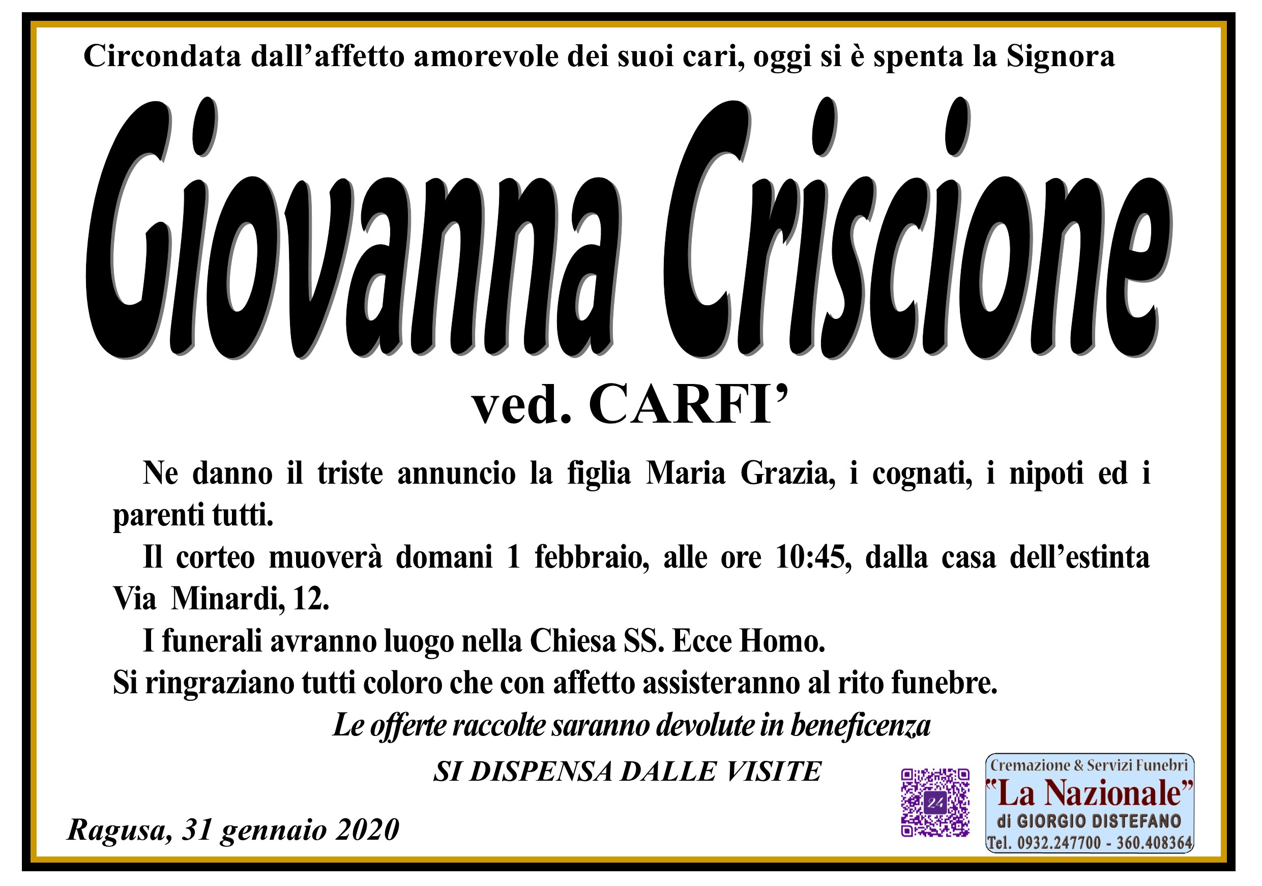 Necrologi: Giovanna Criscione