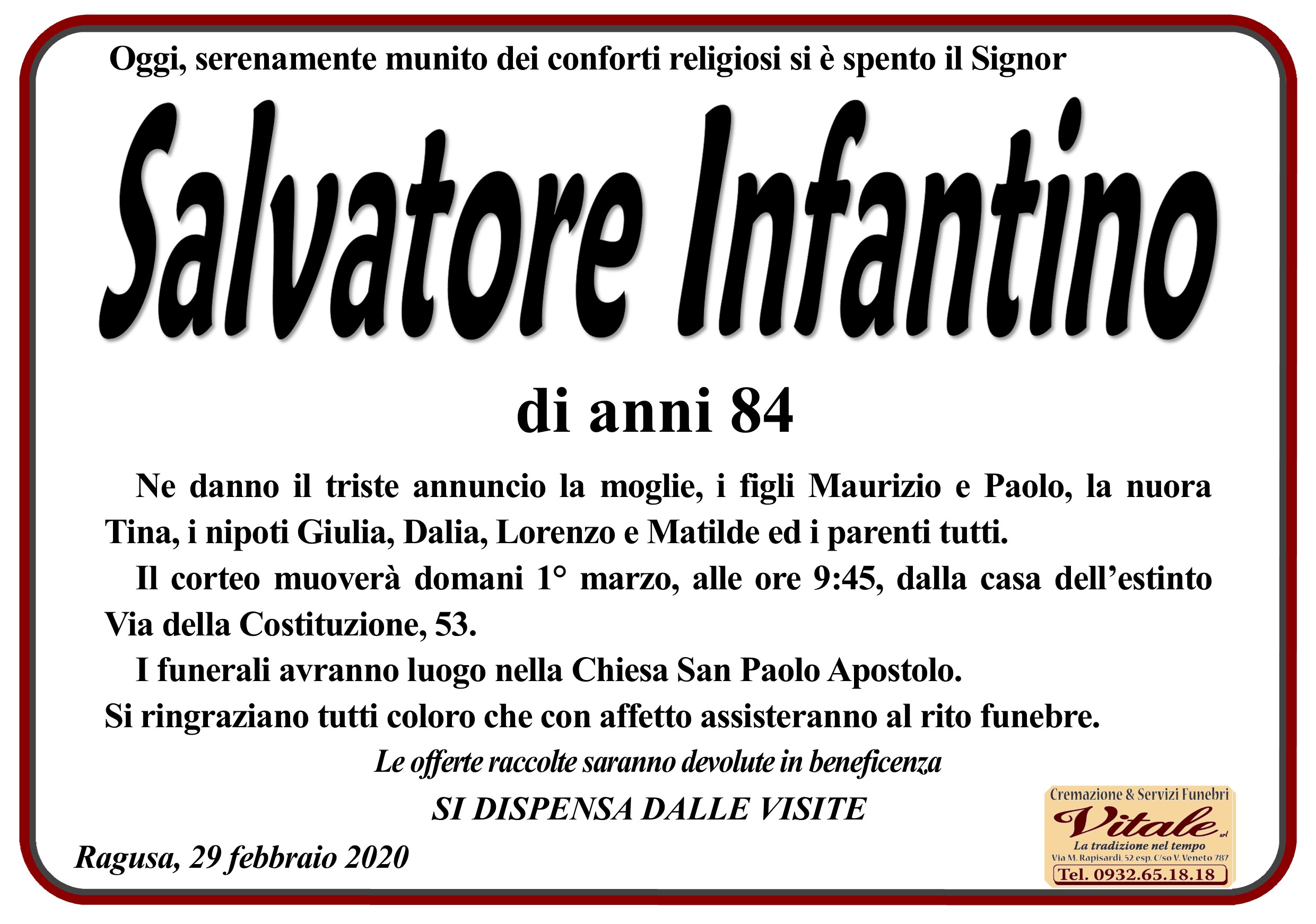 Necrologi: Salvatore Infantino