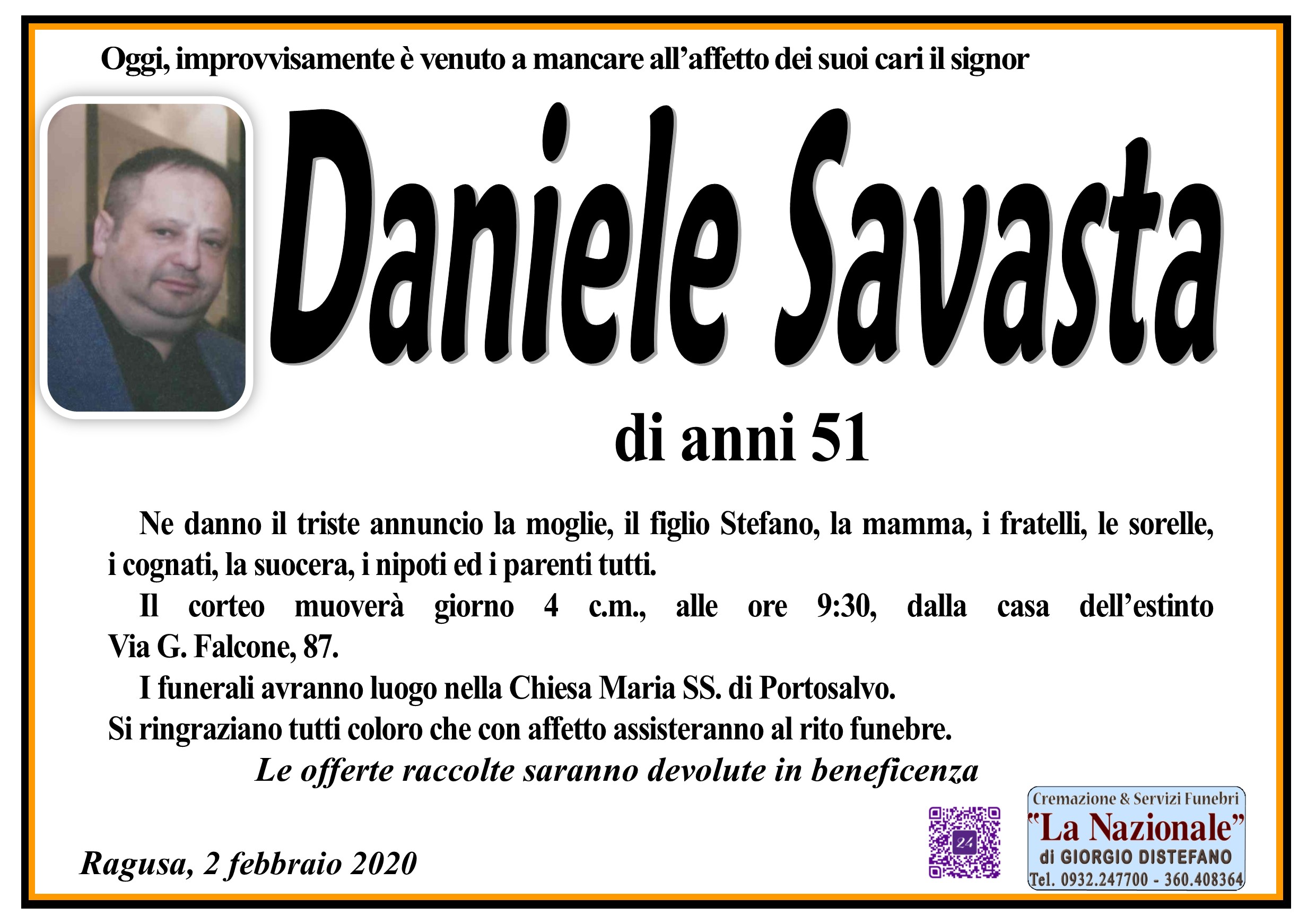Domani 4 febbraio i funerali di Daniele Savasta