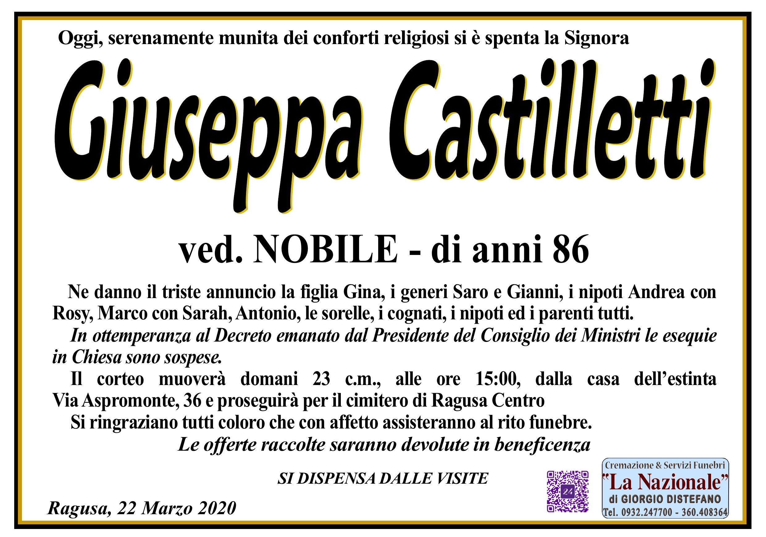Necrologi: Giuseppa Castilletti