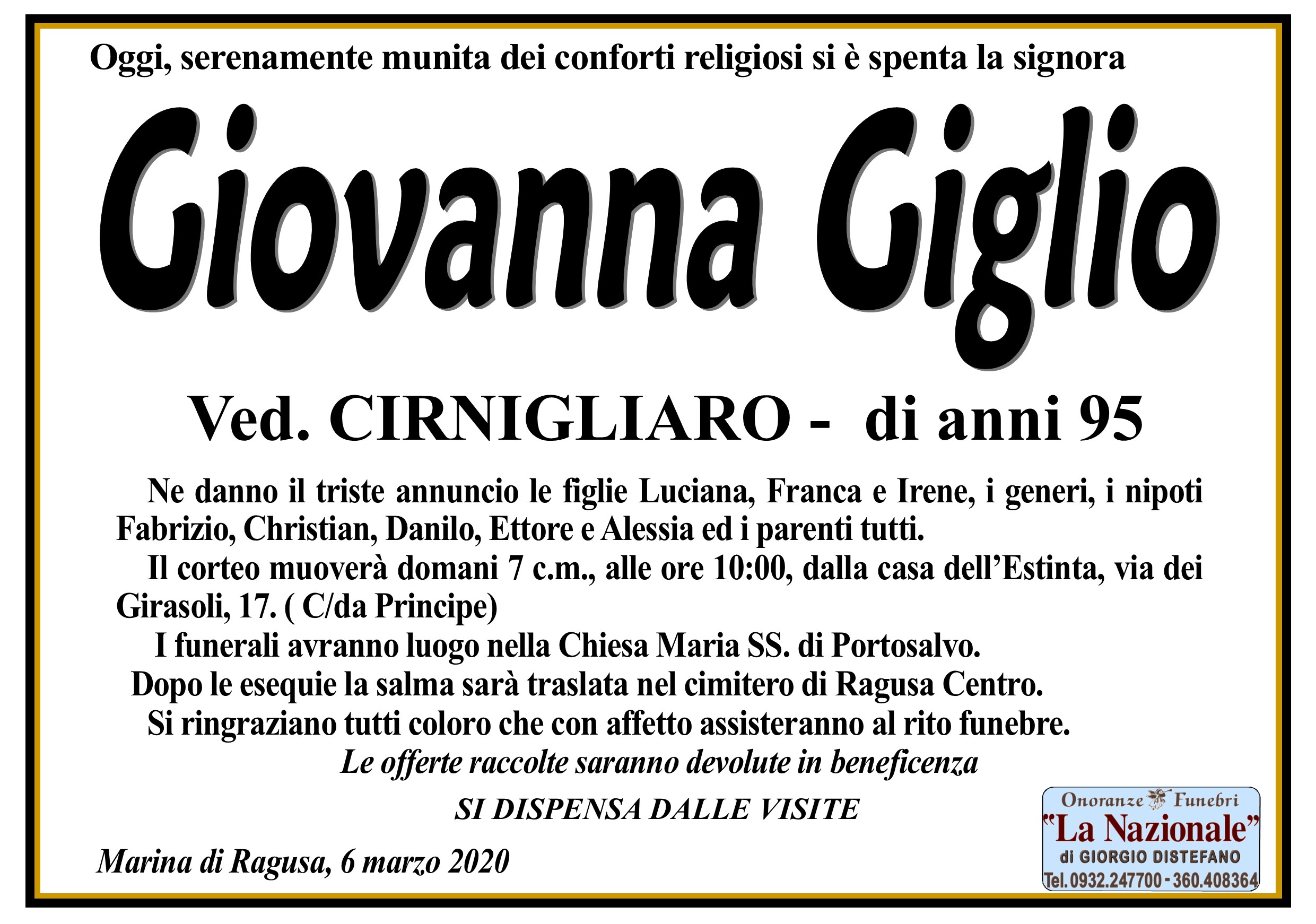 Necrologi: Giovanna Giglio