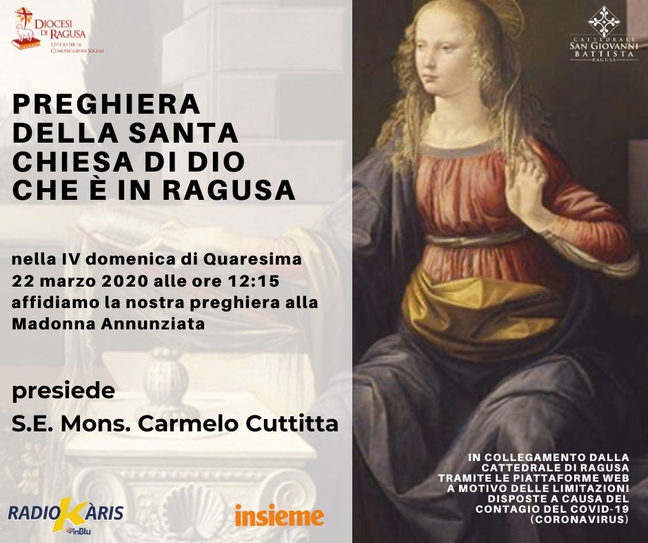 Domenica prossima momento di preghiera  in streaming e su Radio Karis e Tele Pegaso guidato dal vescovo di Ragusa