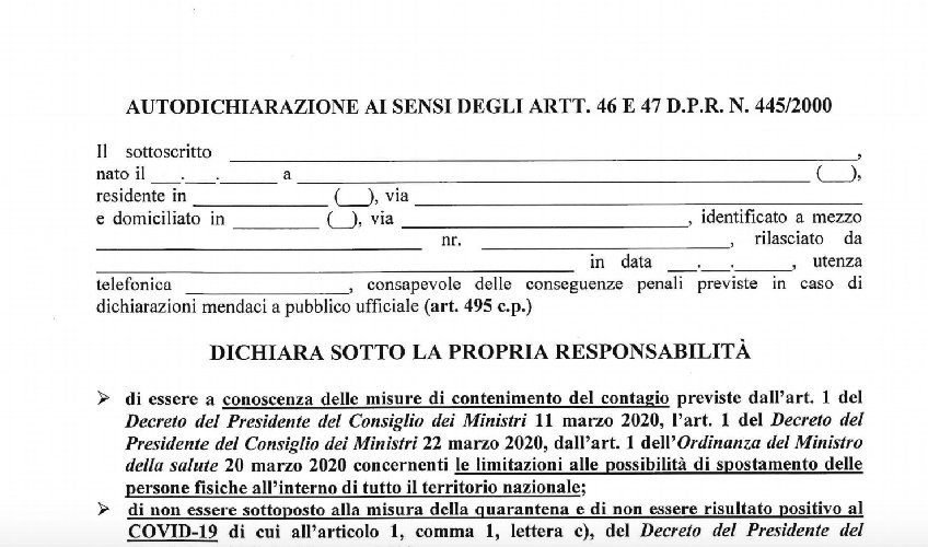L’autocertificazione per potere uscire di casa si può compilare anche davanti all’Agente