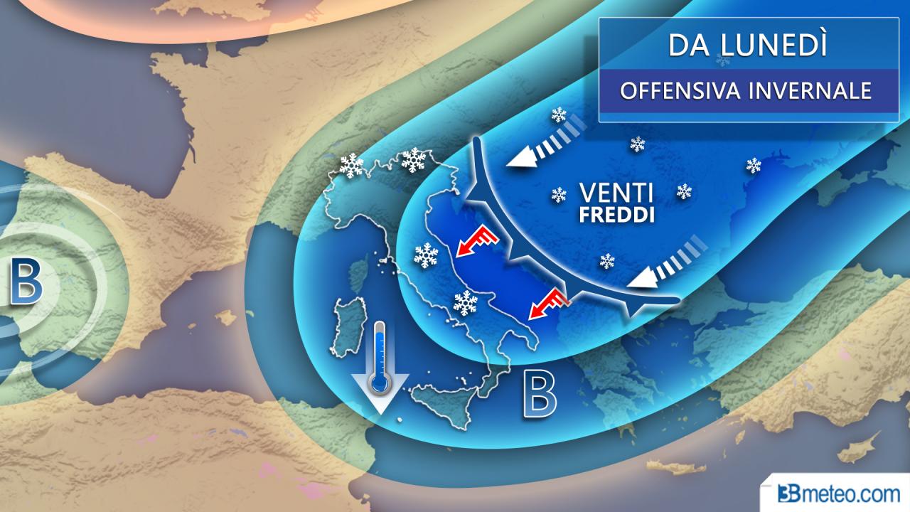 Da lunedì crollo termico, con forti venti e neve anche in pianura