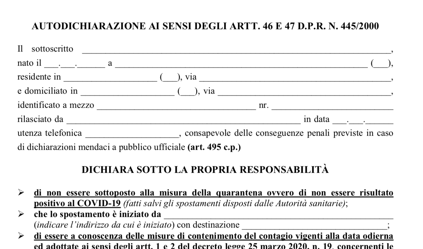 Ecco il nuovo modello di autocertificazione aggiornato al 26 marzo