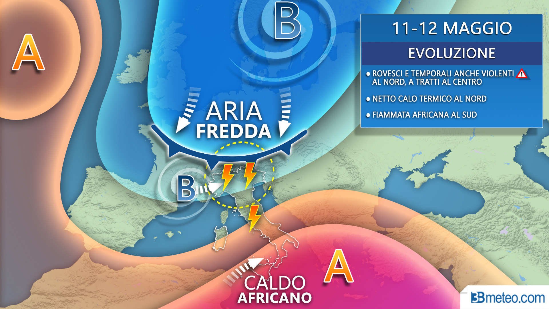 Un’Italia spaccata: dopo il 10 maggio meteo movimentato tra violenti temporali, freddo e fiammate africane