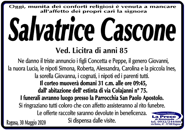 Necrologi: Salvatrice Cascone