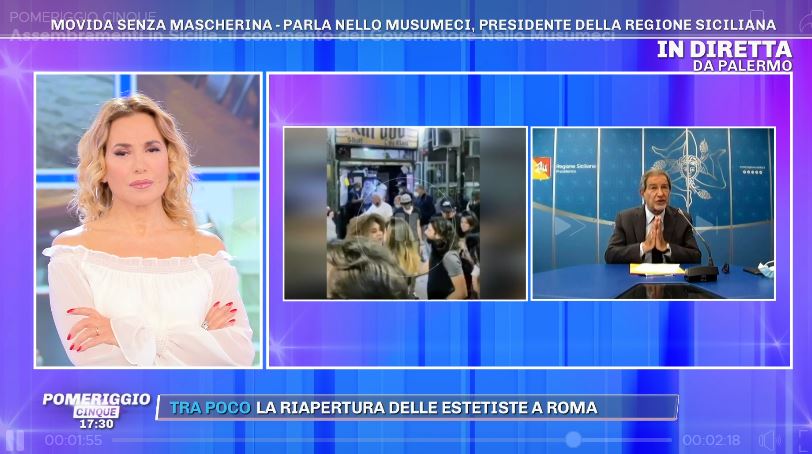 “Sono preoccupato, temo si debba tornare indietro”. Così Musumeci commenta le immagini della movida a Pomeriggio 5. VIDEO