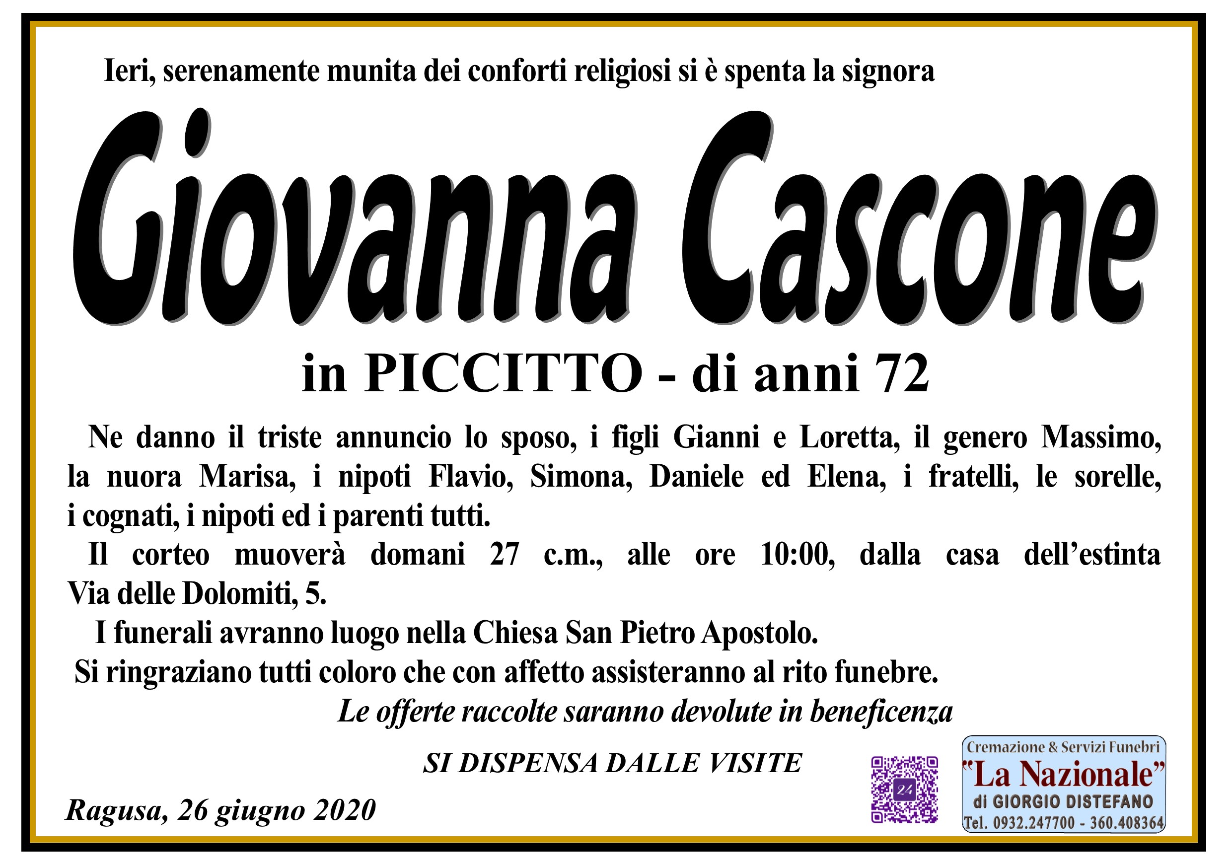 Necrologi: Giovanna Cascone