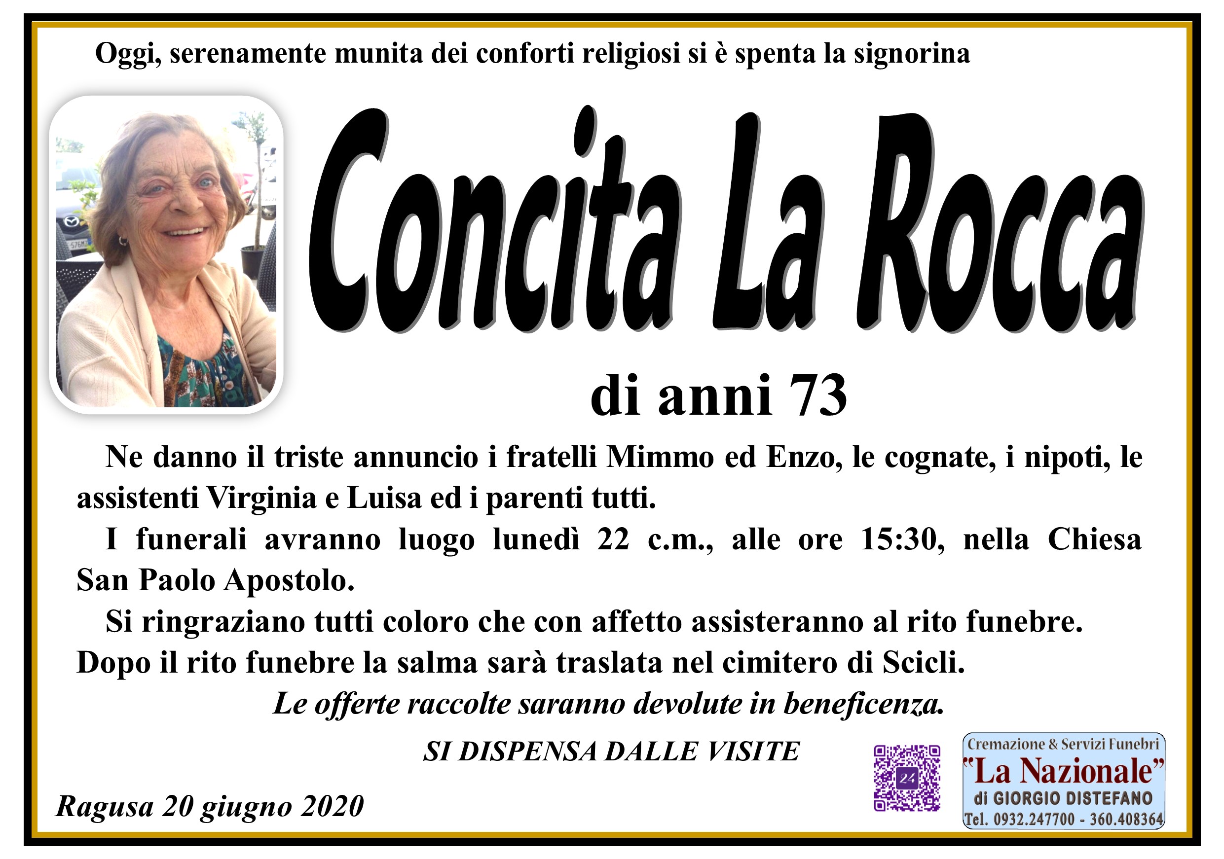 Necrologi: E’ scomparsa Concita La Rocca