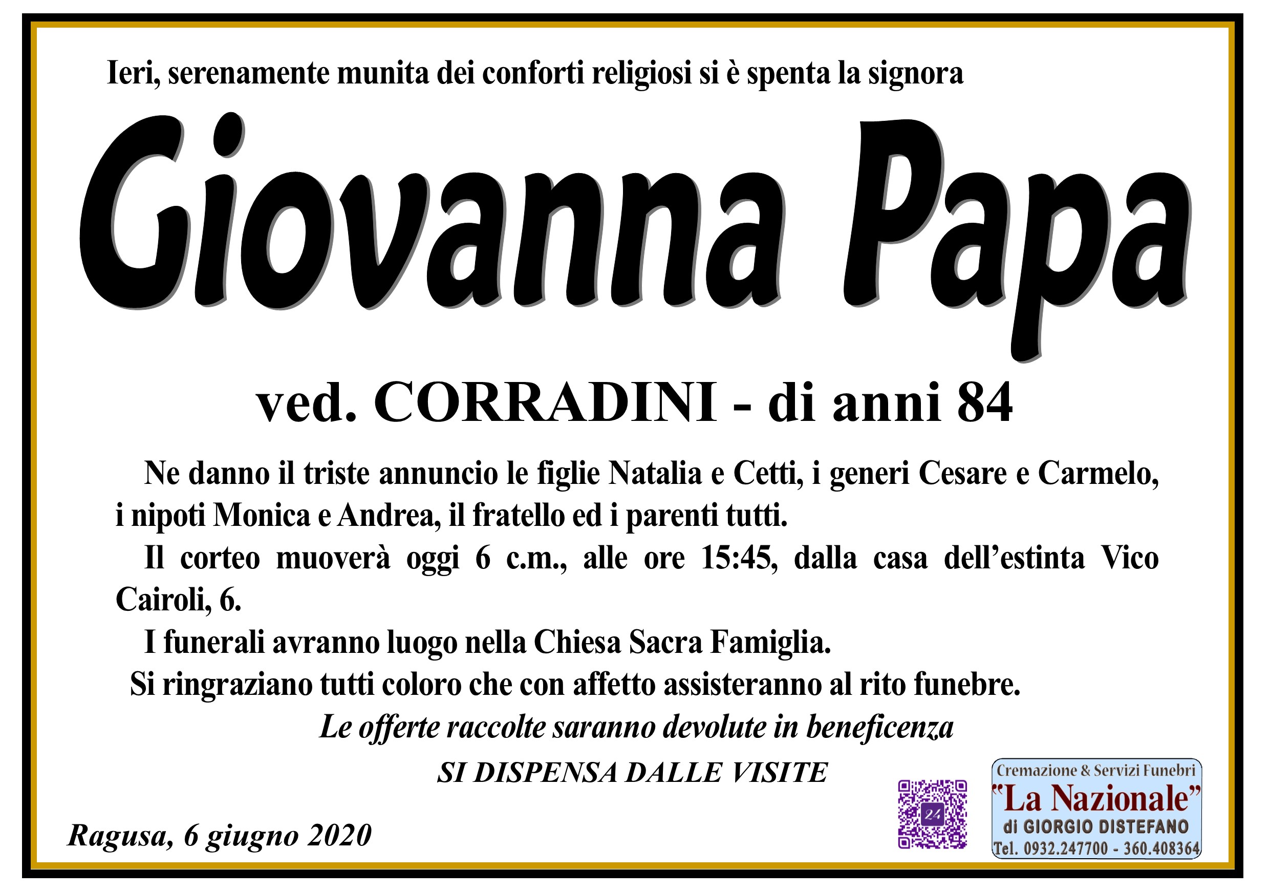Necrologi: Giovanna Papa