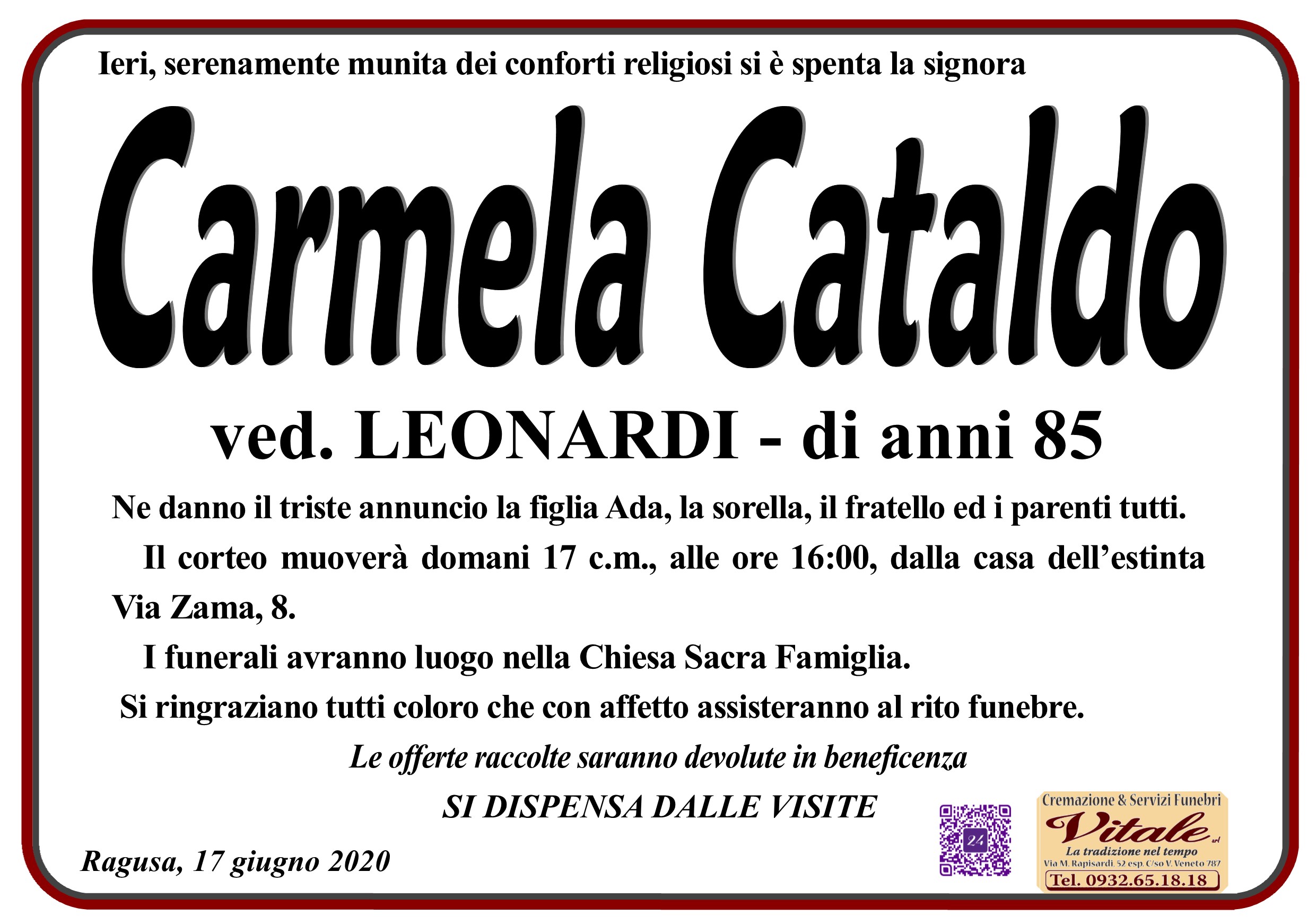 Necrologi: Carmela Cataldo