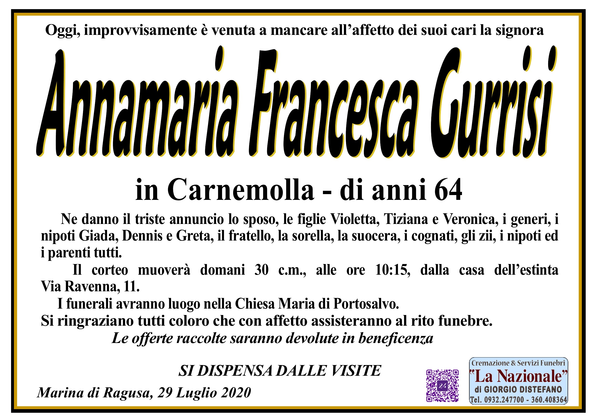 Necrologi: Annamaria Francesca Gurrisi