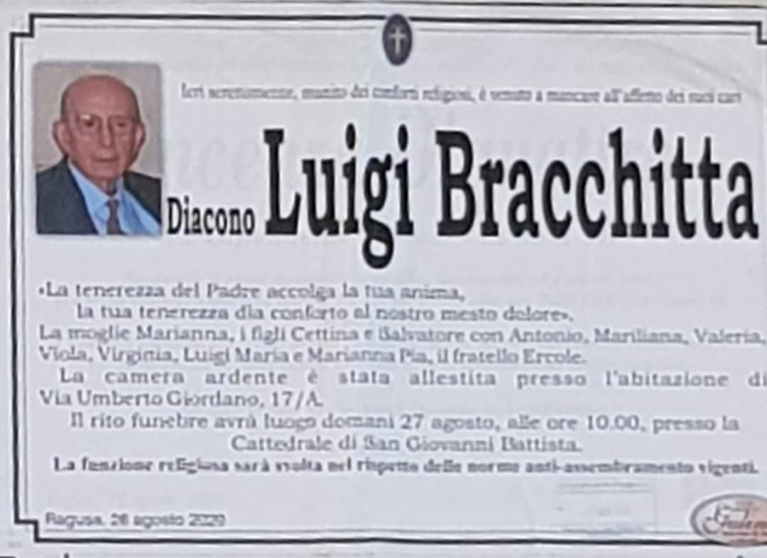 E’ morto il diacono ragusano Luigi Bracchitta. Oggi sono stati celebrati i funerali