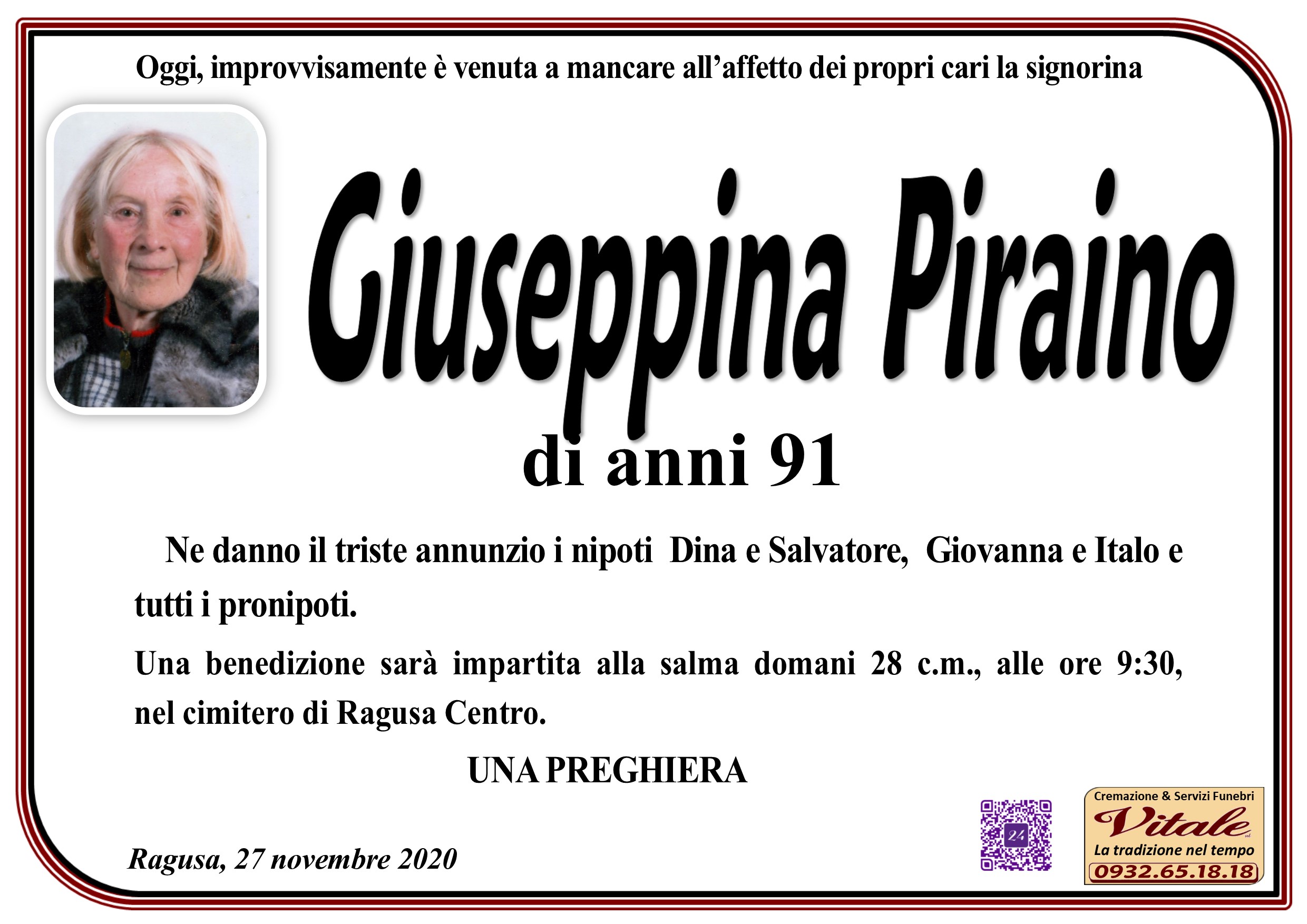 Necrologi: Giuseppina Piraino