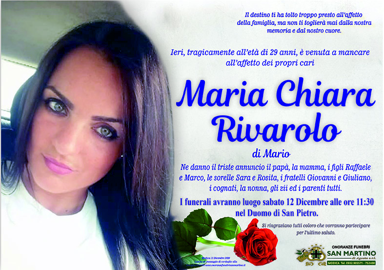 Maria Chiara Rivarolo: sabato i funerali